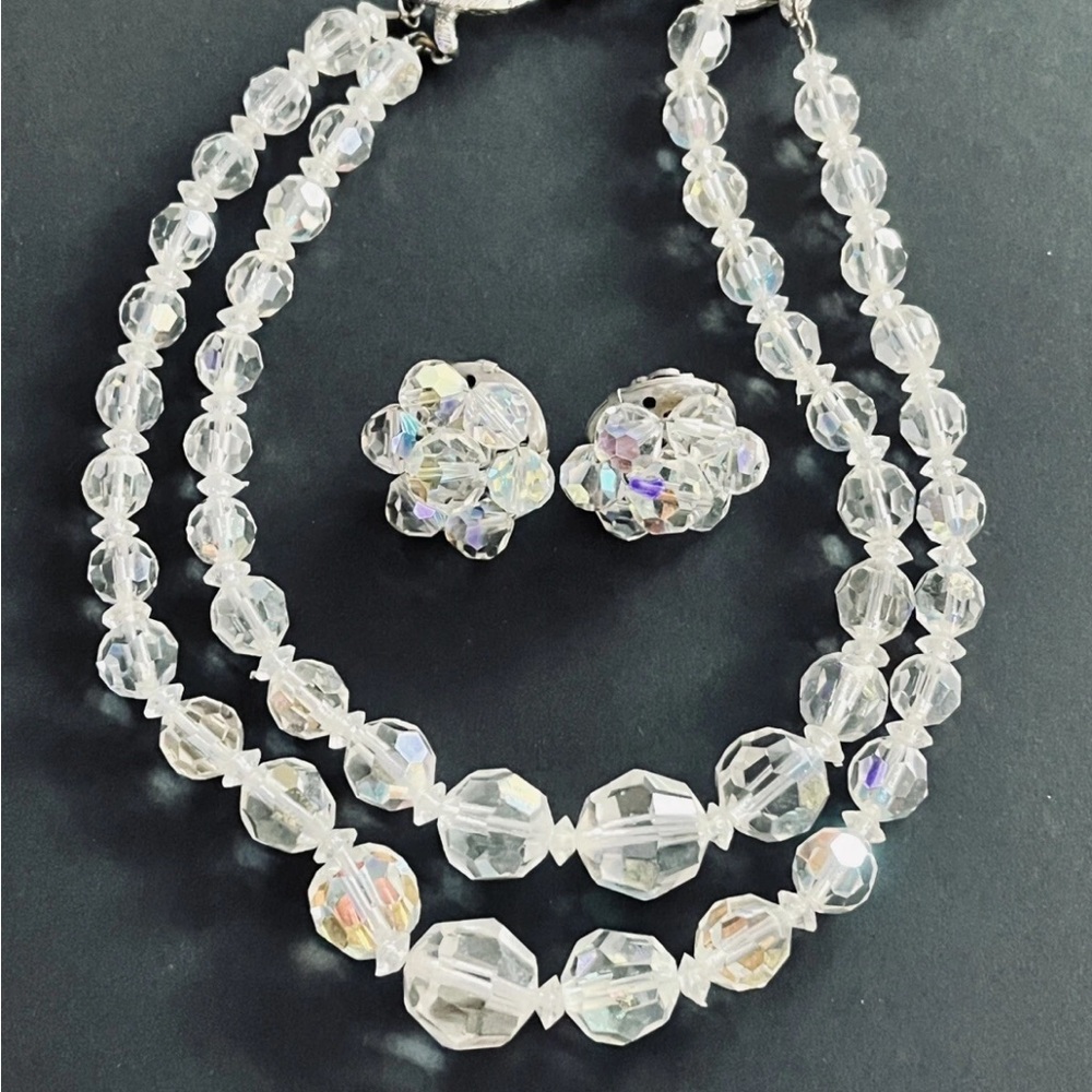 Vintage Aurora Borealis Double Strand Crystal Necklace Clip On Earring Set MCM